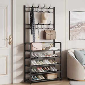 Wieszak na ubrania 4 w 1 hol ławka do przechowywania drzewa miękka torba stojak do przechowywania stojak na buty wieszak na ubrania ławka na buty z haczykami wygląd drewna meble akcentujące z metalową Czarny 60cm - J77, PN4